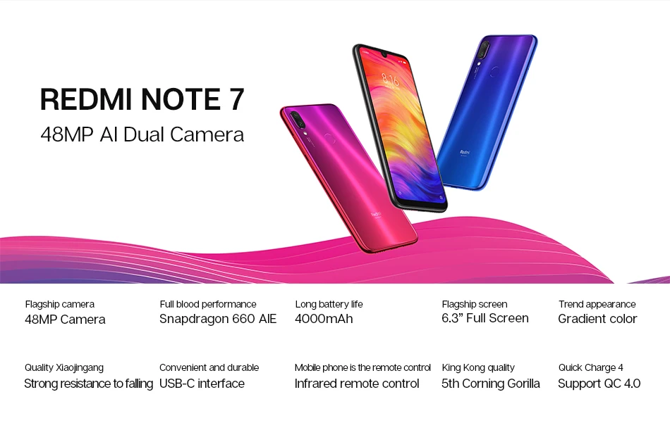 Xiaomi Redmi Note 7, глобальная версия, 3 Гб ОЗУ, 32 Гб ПЗУ, мобильный телефон, Восьмиядерный процессор Snapdragon 660, 6,3 дюйма, 19,5: 9, полноэкранная, 48 МП, двойная камера