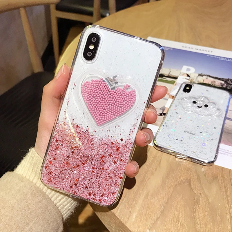 Чехол для телефона Tfshining с жидким сердцем и блестками iPhone 7 8 Plus 6 6S X XR XS Max Smile Face Clouds
