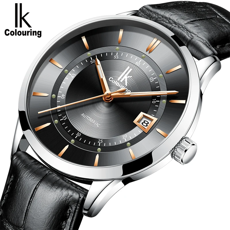 IK цветные автоматические часы мужские тонкие наручные с кожаным ремешком