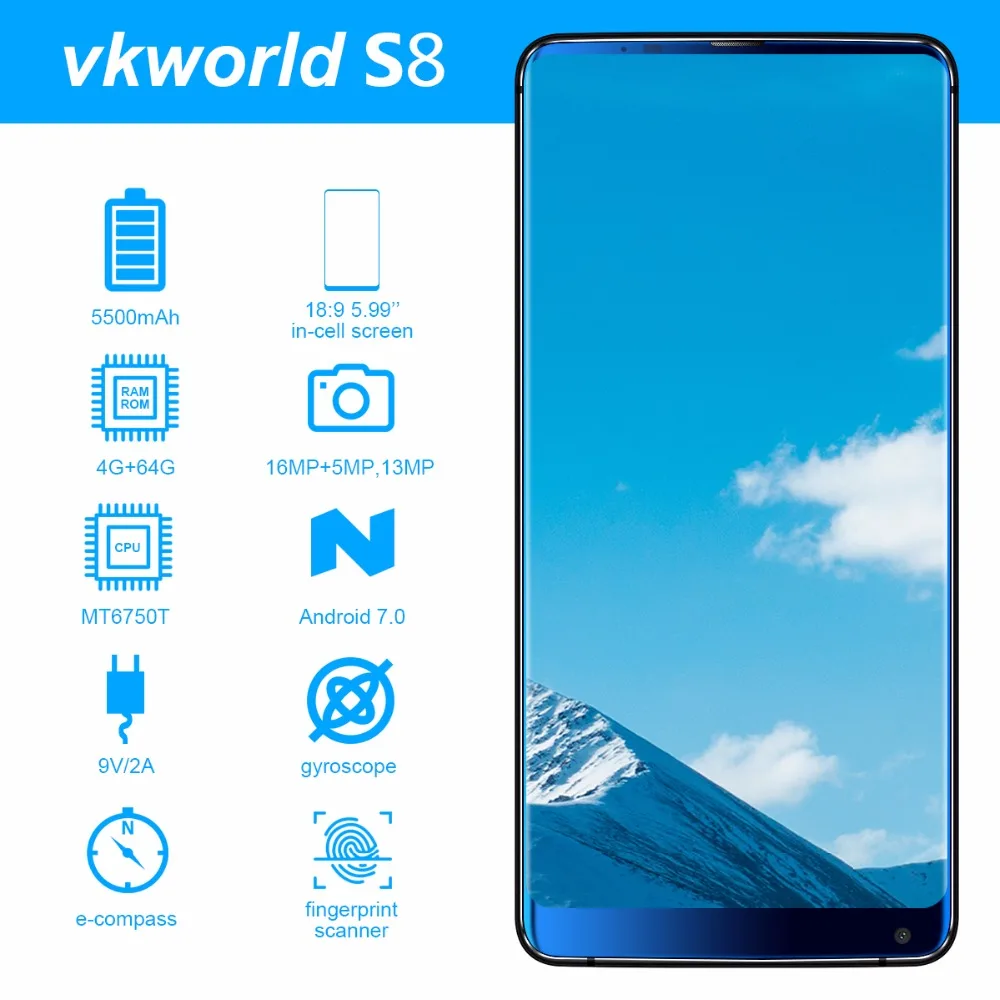 VKworld S8 4 Гб + 64 ГБ 4G мобильный телефон двойная задняя камера Face ID смартфон 5500 мАч 5 99