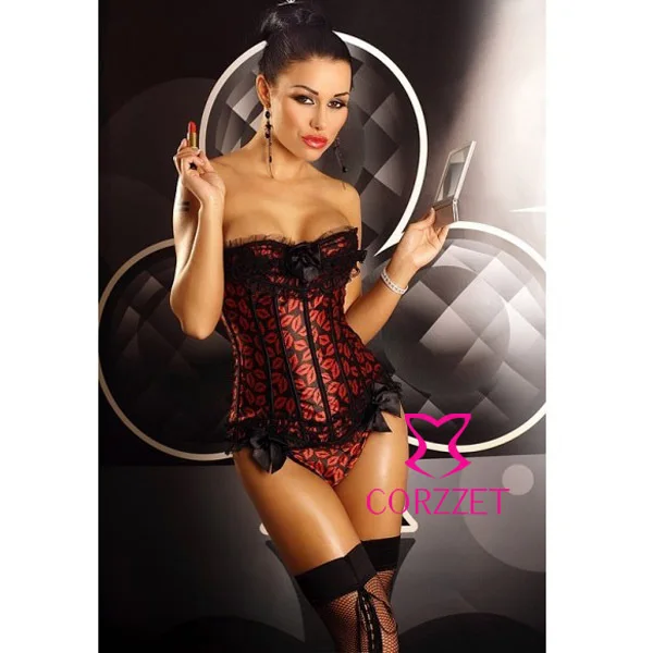 

2014Gothic Goth Style Red Lip Pattern Satin Sexy Overbust Corpete Corselet Women Body Shapewear Corset Bustier Female Espartilho