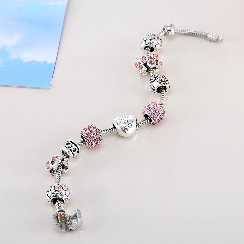 MANBALA женская Любовь Шарм Браслет с Розовым Горный Хрусталь Бисер 2017 Модные