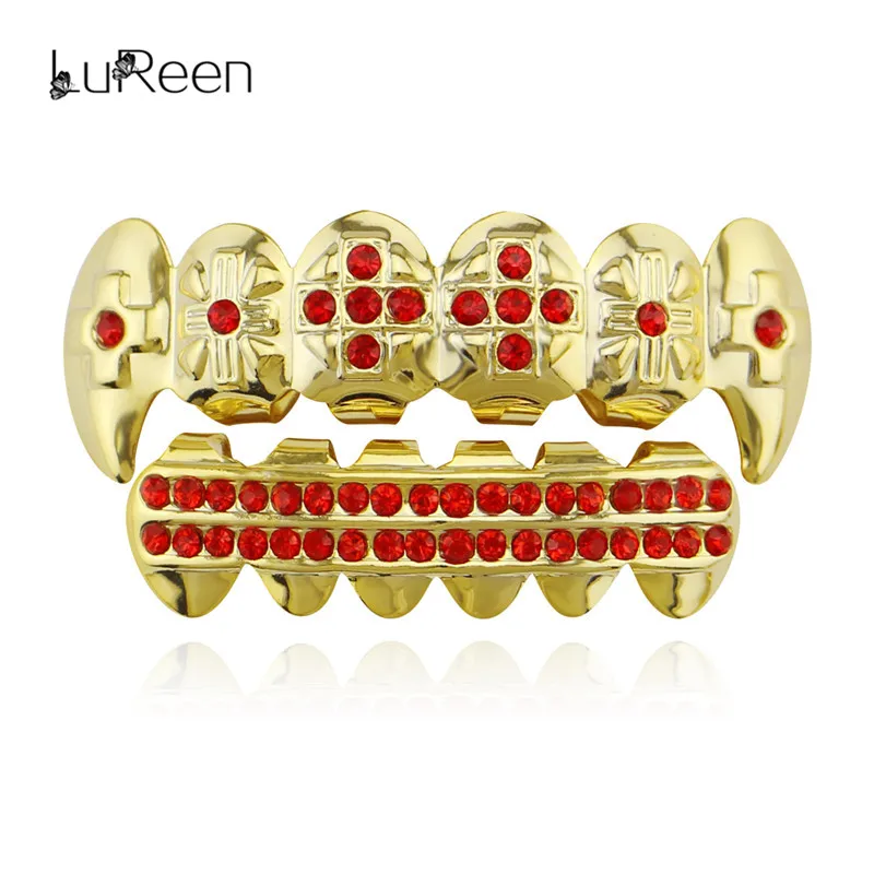 red set LuReen золотые зубы грили Красочные Стразы и нижний зуб Клык вампирский зуб грили стоматологический Хэллоуин ювелирные изделия - Окраска металла: red set