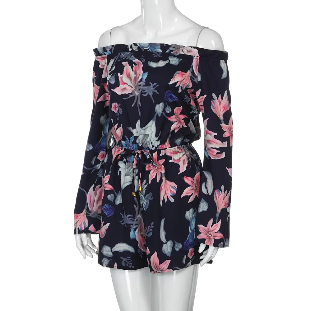 Женский комбинезон с цветочным принтом длинным рукавом и открытыми плечами