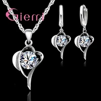 romantic zircon jewelry sets pure 925 sterling silver cz heart shaped pendant necklace hoop earrings set
