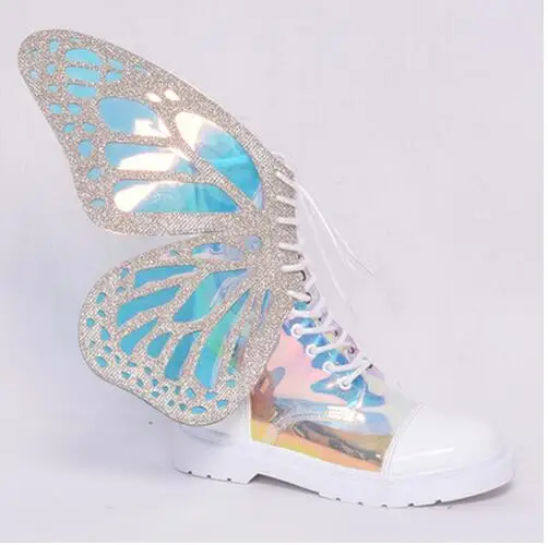 white with silver Г., Шикарные ботильоны с крыльями женские ботинки на плоской подошве, с круглым носком, на шнуровке, с крыльями бабочки красивые женские Ботинки martin - Цвет: white with silver