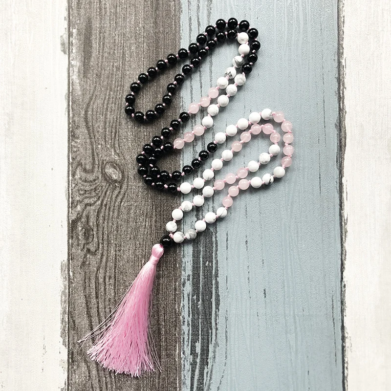 Mala Beads Rose Q-uartz ожерелье ручной работы 108 мала-Йога с кисточкой Белый Howlite Черный