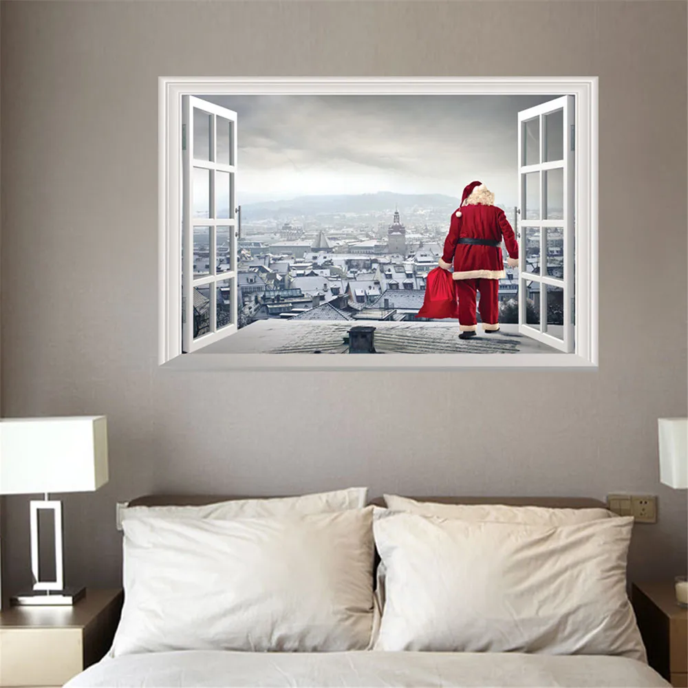 Merry Christmas 3D поддельные окна обои Санта Клаус Рождественская елка иллюстрация дома гостиная спальня арт деко стикер стены