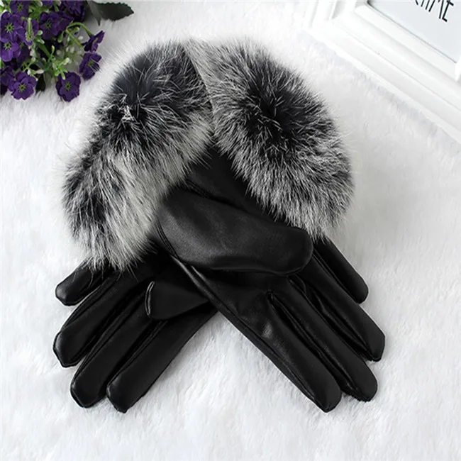 Black 1 Naiveroo/женские перчатки с сенсорным экраном из искусственной кожи; женские перчатки из водонепроницаемого материала с искусственным кроличьим мехом; толстые теплые весенне-зимние перчатки - Цвет: Black 1