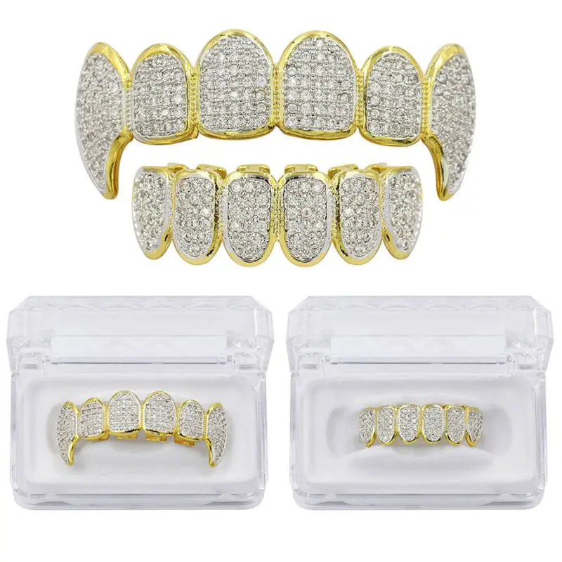 Золотой Серебряный Роскошный горный хрусталь вампир Grillz набор с дополнительными силиконовыми стержнями в комплекте