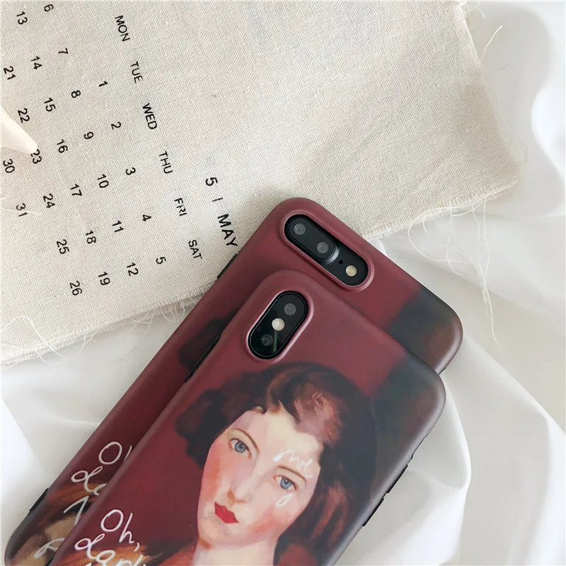 Wine Red Retro Oil painting Girl Phone case For iphone X Soft silicone cover 6S 7 8 Puls Back Funny Letter | Мобильные телефоны и