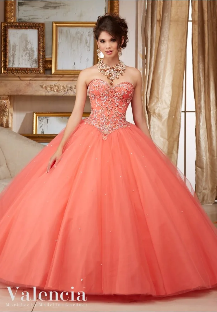 Новые Прибытия Аппликации Бисером Милая Quinceanera Платья Coral длиной до пола Бальное платье свадебные платья