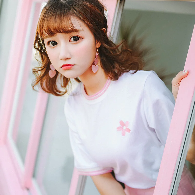 2020 ulzzang harajuku корейский стиль летний топ модные милые цветы вышивка Вишня мозаика