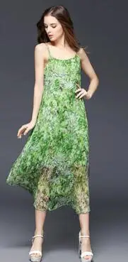 light green Шелковые подтяжки женское платье Лето Печать новые длинные Высокое качество Большой Размеры M-4XL женское платье Тонкий платье с принтом NO038 - Цвет: light green