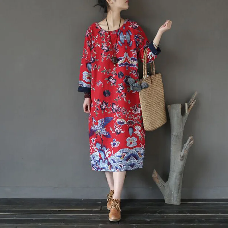 Женское весенне-осеннее платье 2017 новое модное хлопковое льняное с принтом птицы