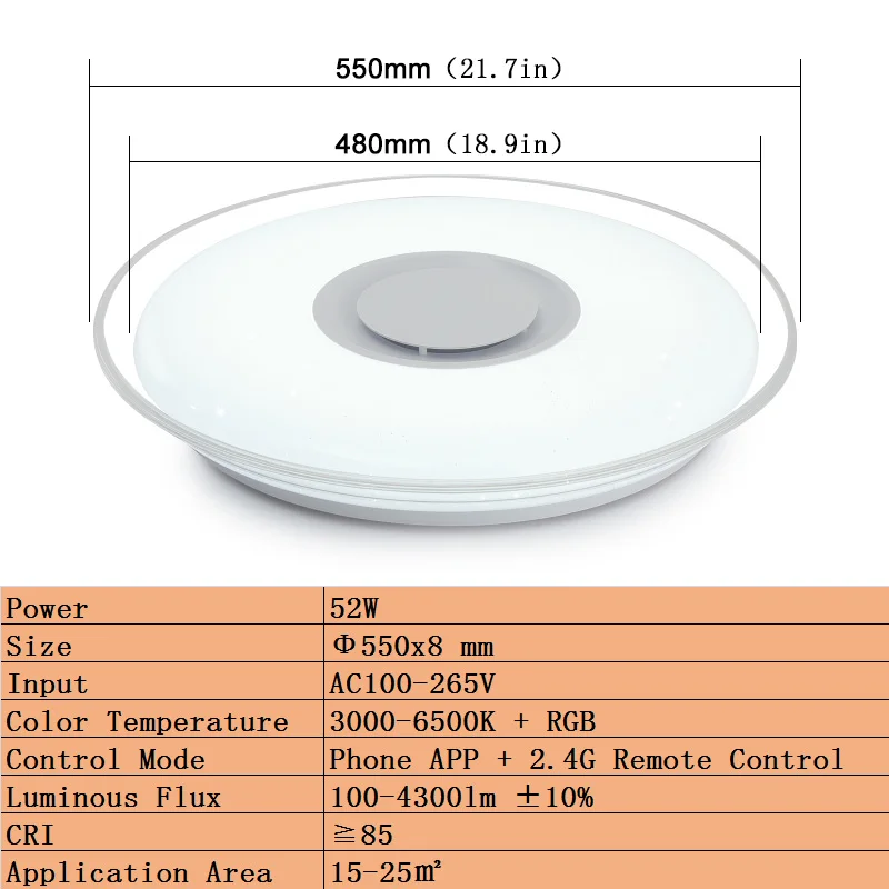 HY-52W-550mm Современные светодиодные потолочные лампы Домашний Светильник ing 36 Вт 52 Вт RGB приложение Bluetooth музыкальный светильник для спальни лампы для гостиной умный потолочный светильник - Цвет корпуса: HY-52W-550mm