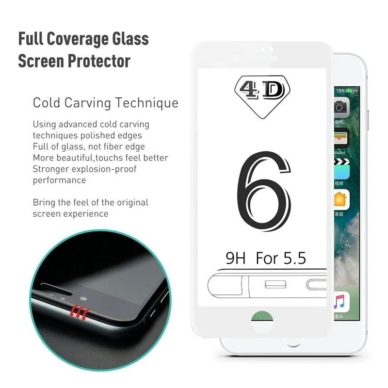 Высококачественное 4D закаленное стекло для iPhone 7 Plus Новая защитная пленка экрана с полным покрытием 3D изогнутого края 6 6S.