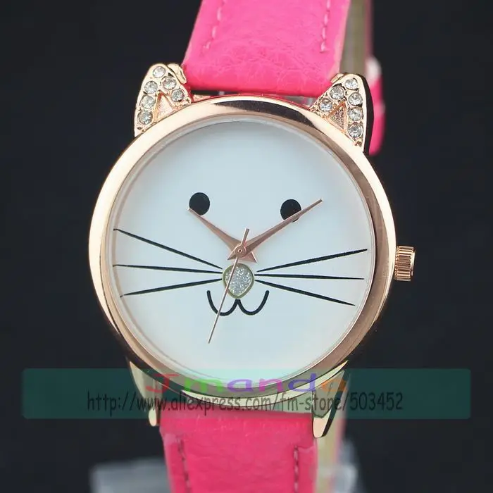 100 шт./лот Новое поступление розовое золото корпус Хрустальные Часы милый кот