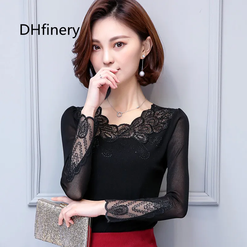 

DHfinery lace t shirt women spring autumn long sleeve Flower embroidery perspective mesh tshirt black Elegant tops M-4XL F6094