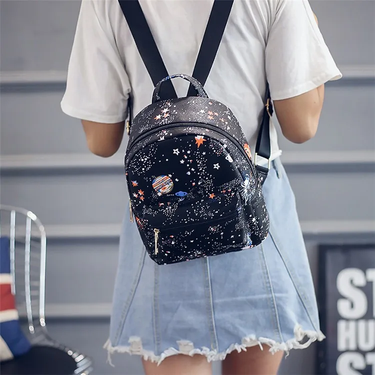 Модный женский кожаный рюкзак Mochila Escolar с принтом звездной Вселенной, школьные сумки черного цвета для девочек-подростков, маленький рюкзак