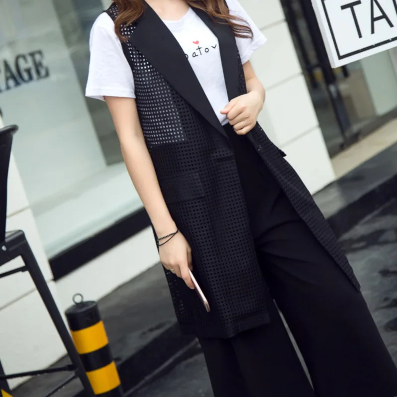 Женский сетчатый жилет средней длины с одной пряжкой летний однотонный отложным