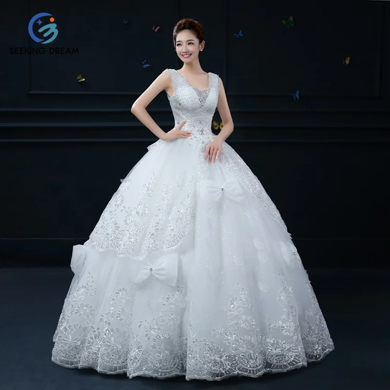2017 Hot Off-White Sexy V-Neck Crystal Wedding Dress Ball Gown Flower Lace Pregnant Bride robe de mariage Plus Size NN002 | Свадьбы и