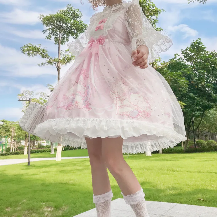 Kawaii японская Лолита АО платье женская летняя обувь мягкой сестра ветер милые с рисунком кошки с бантом в стиле «лолита» с ремешком и милым милое платье
