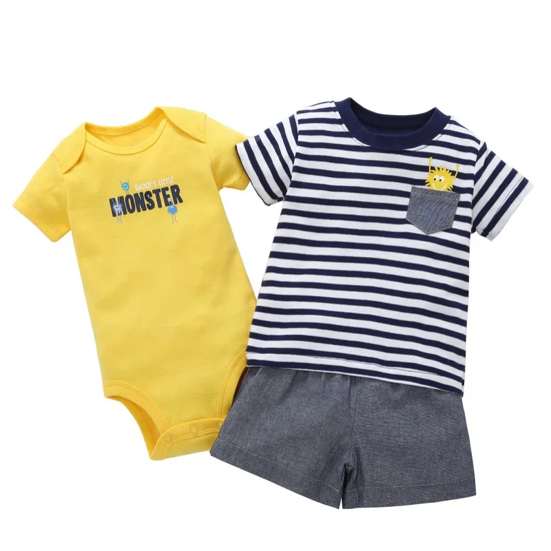 3 PCS Baby Boy Clothes Set Cartoon Striped Car Dinosaur T-shirt + Shorts Rompers Newborn |