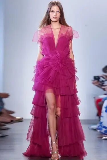 Фуксия Haute Couture каскадных Тюль торжественное платье Хиппи Стиль Высокий Низкий Многоуровневое Тюль Длинные Пром платья глаз ловить Вечеринка платье - Цвет: Фуксия
