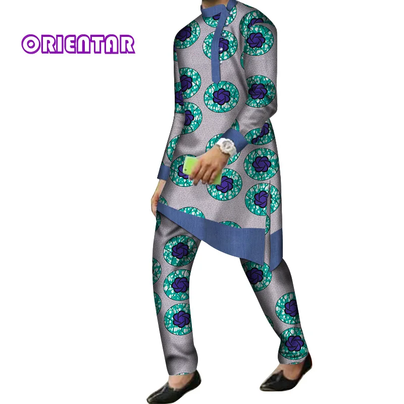 2 Pieces Set Men African Clothes Long Sleeve Shirt and Pants Traditional African Bazin Riche Print Dashiki Suit Trousers WYN844