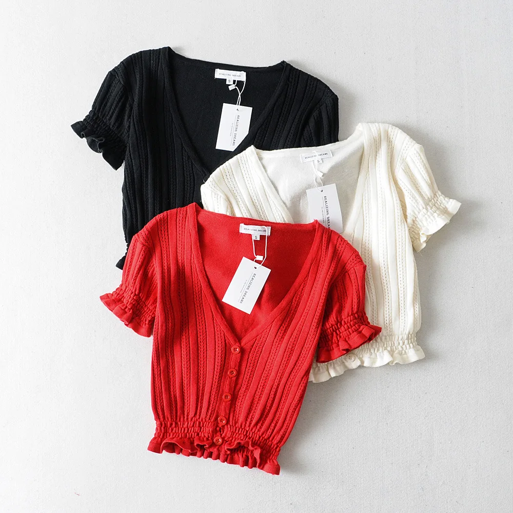 Женский кардиган с коротким рукавом трикотажный V образным вырезом и вырезами