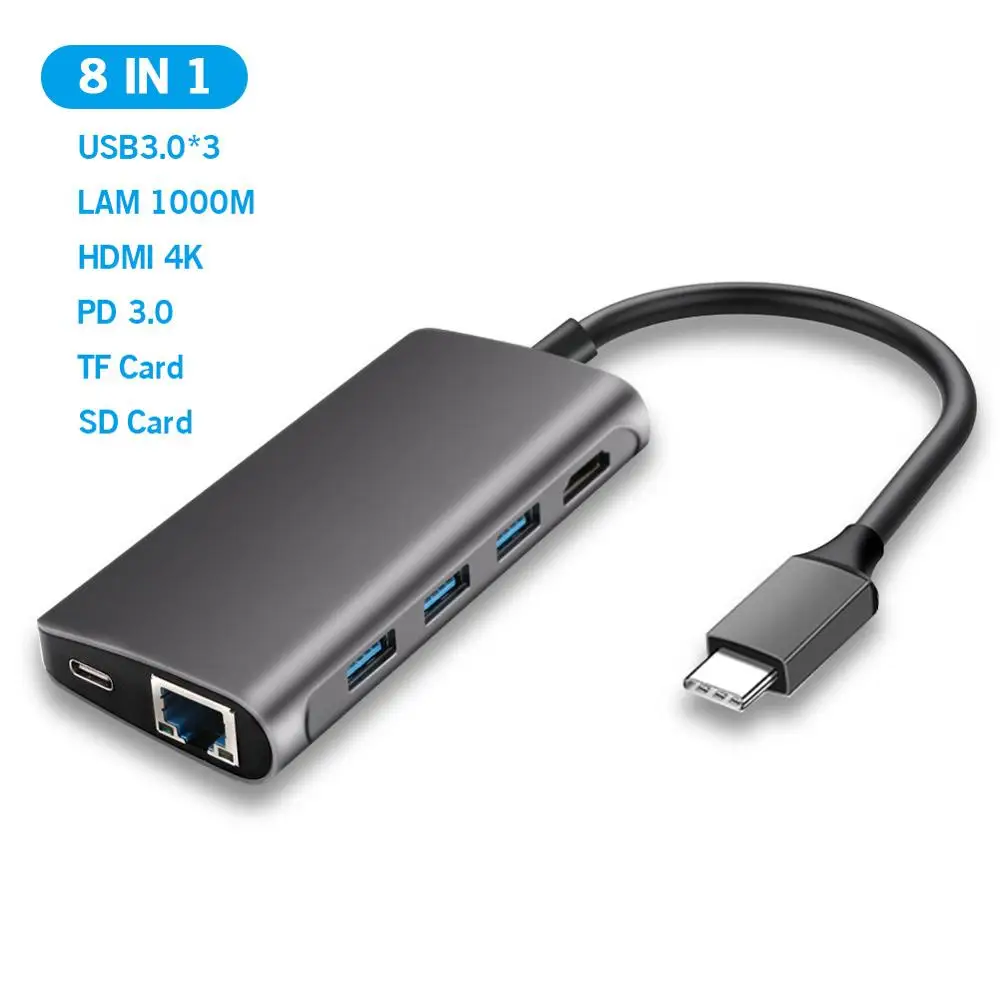 Gray USB-C концентратор USB C к HDMI 4K RJ45 PD 3,0 Micro SD/TF кард-ридер адаптер type C USB 3,0 концентратор для MacBook/MacBook Pro Windows type-C - Цвет: Gray