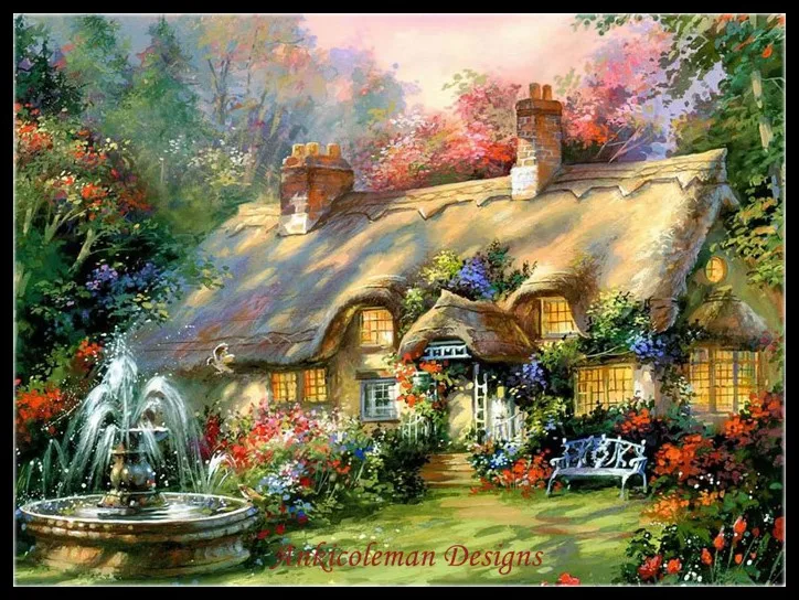 

Country House with Fountain - Counted Cross Stitch Kits - DIY Handmade Needlework Embroidery 14 ct Cross Stitch Sets DMC Color