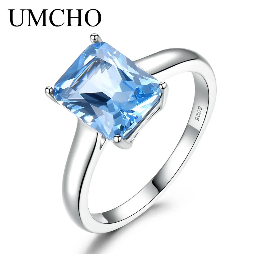 Sky blue topaz UMCHO, роскошные кольца с аквамариновым камнем для женщин, одноцветные, 925 пробы, серебряные, для свадьбы, помолвки, хорошее ювелирное изделие, подарок, новинка - Цвет камня: Sky blue topaz