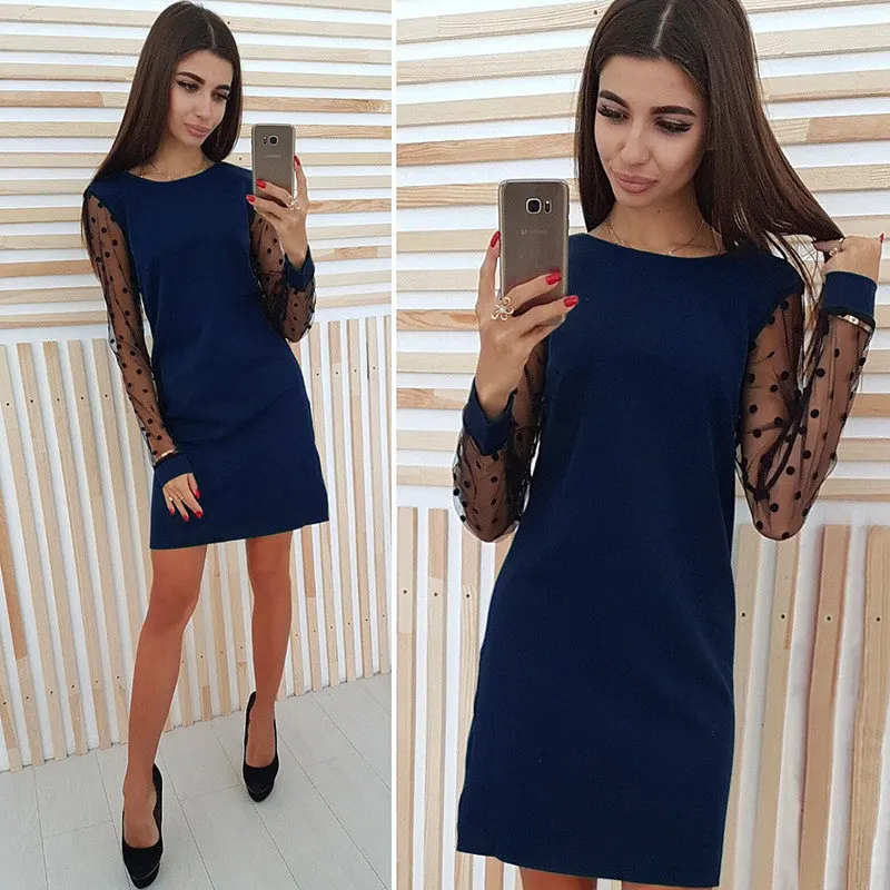 Navy Blue Элегантное женское Сетчатое платье в горошек в стиле пэчворк женское повседневное прямое осеннее платье с круглым вырезом и длинным рукавом Vestidos 5 - Цвет: Navy Blue