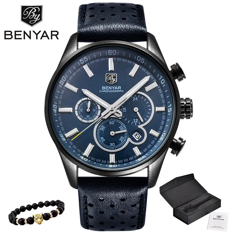 BY-5108 Blue Новые BENYAR Топ брендовые Роскошные Кварцевые часы мужские петух Водонепроницаемые кожаные мужские часы хронограф военные часы Reloj Hombre - Цвет: BY-5108 Blue