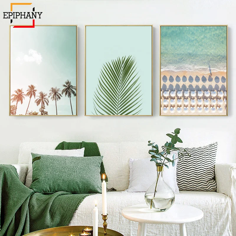 

Modern Wall Art Coastal Decor Beach Landscape Canvas Painting Palm Leaf Posters and Prints Boho Art Print Living Room Pictures