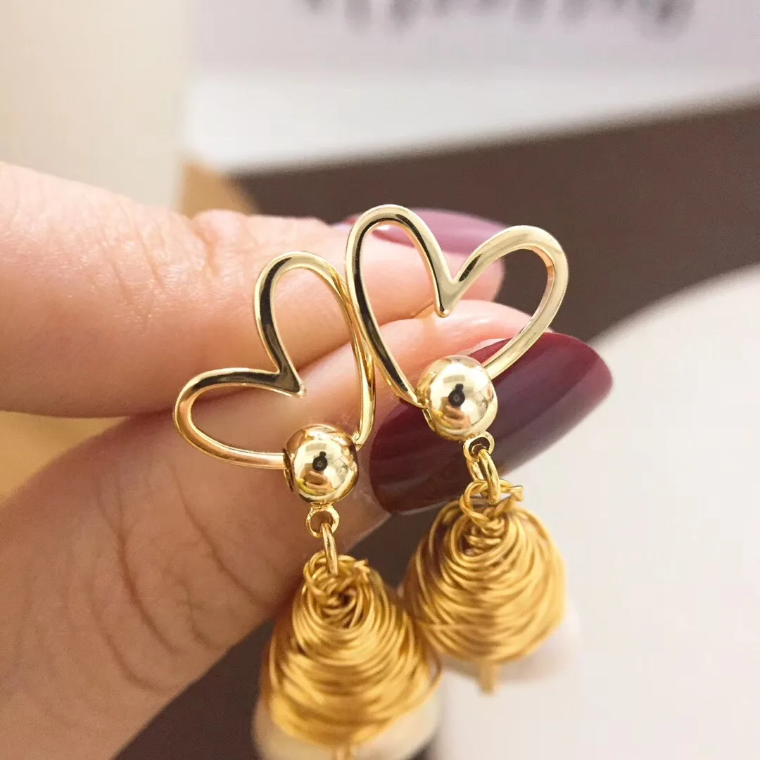Серьги-подвески Yuaner 14K из золотого сплава в форме сердца натуральная пуговица
