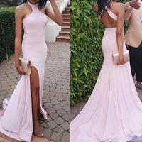 2021 new light pink halter satin mermaid split long prom dresses backless sweep train formal party evening dresses