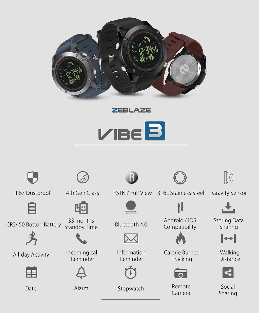 Zeblaze VIBE 3 Спортивные Смарт часы жизнь водонепроницаемый Bluetooth браслет шагомер Будильник Секундомер длительное время ожидания цифровые часы для мужчин