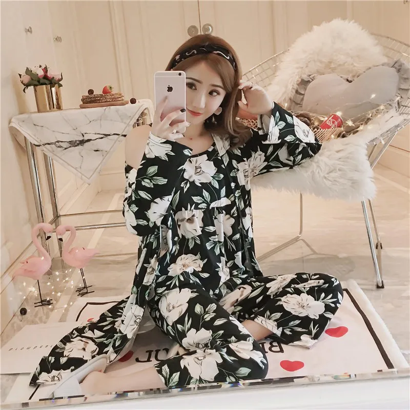 

3PCS Sexy Pajamas Sets for Women 2019 Spring Autumn Long Sleeve Robes Femme Floral Print Sleepwear Homewear Pijama Mujer Clothes