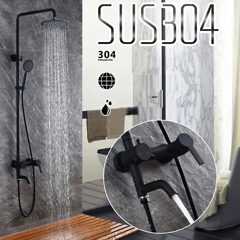 Черный смеситель для ванной комнаты 304 из нержавеющей стали Душевая система с
