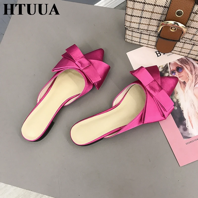 HTUUA/брендовые атласные тапочки с большим бантом женские туфли без задника на