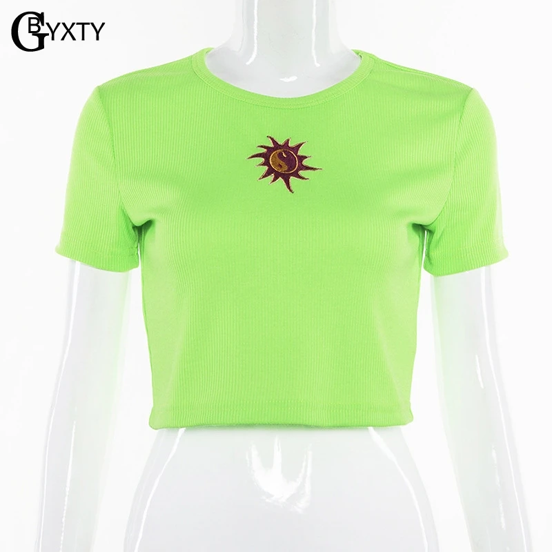 GBYXTY camiseta mujer уличная одежда укороченный топ летняя неоновая зеленая футболка с