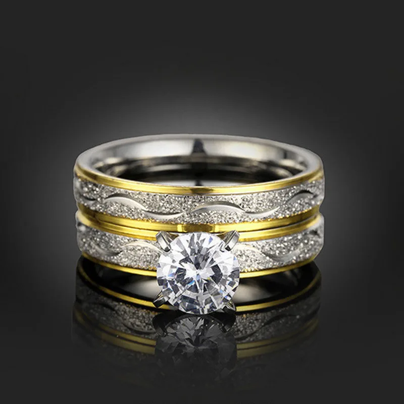 2Pcs/Set Vintage 316L Titanium steel Ring Mens Jewelry for Women Shining Zircon Wedding Band male ring 6 7 8 9 Size lovers | Украшения и