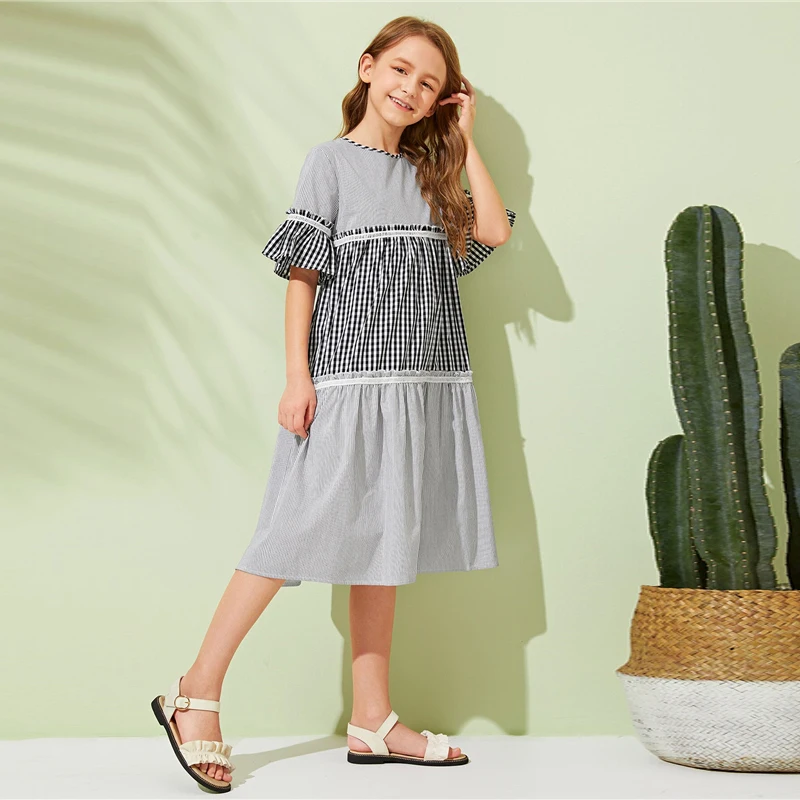 SHEIN Kiddie/Платье-туника в мелкую клетку и полоску для девочек г., Летние Повседневные платья-миди с оборками, рукав-Волан