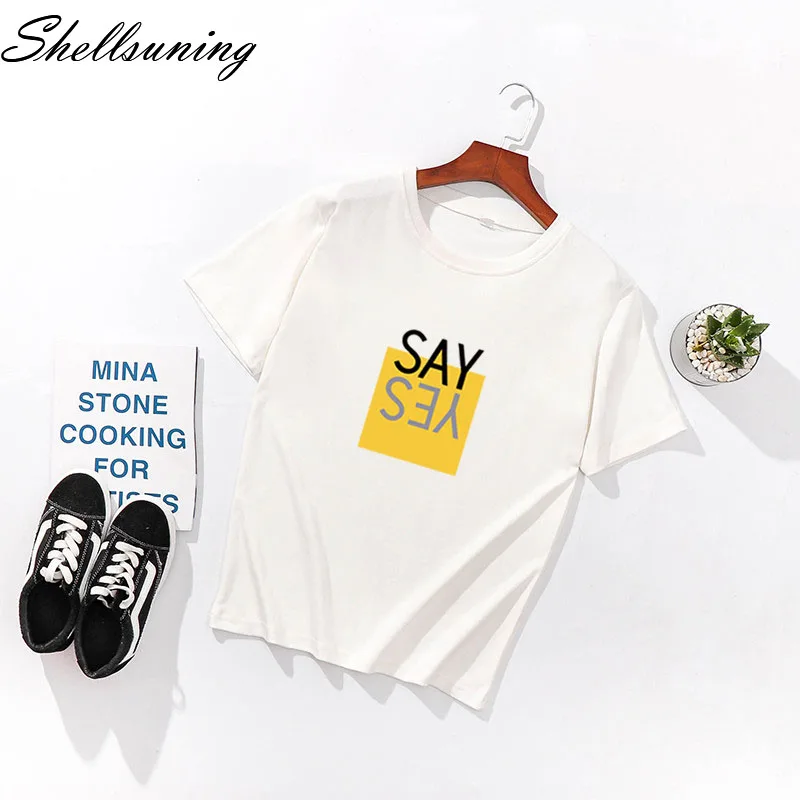 Shellsuning Корейская футболка для женщин новые летние Письмо печати с круглым