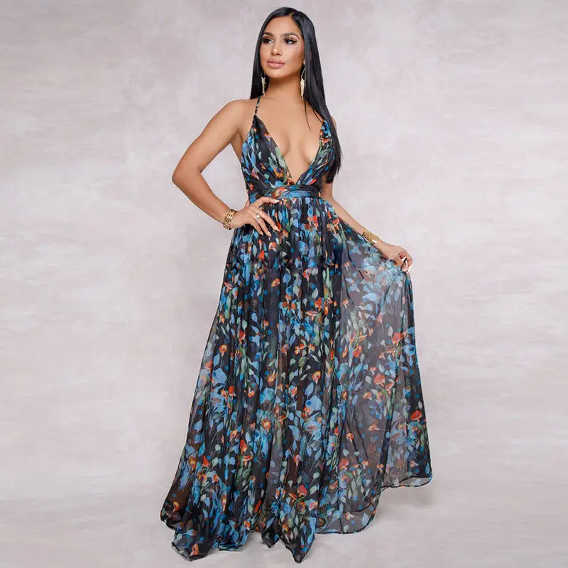 SW06709 Женское платье макси с цветочным принтом Boho летнее сексуальное пляжное платье с v-образным вырезом и открытой спиной Повседневный Сарафан Длинные платья без рукавов - Цвет: SW06709