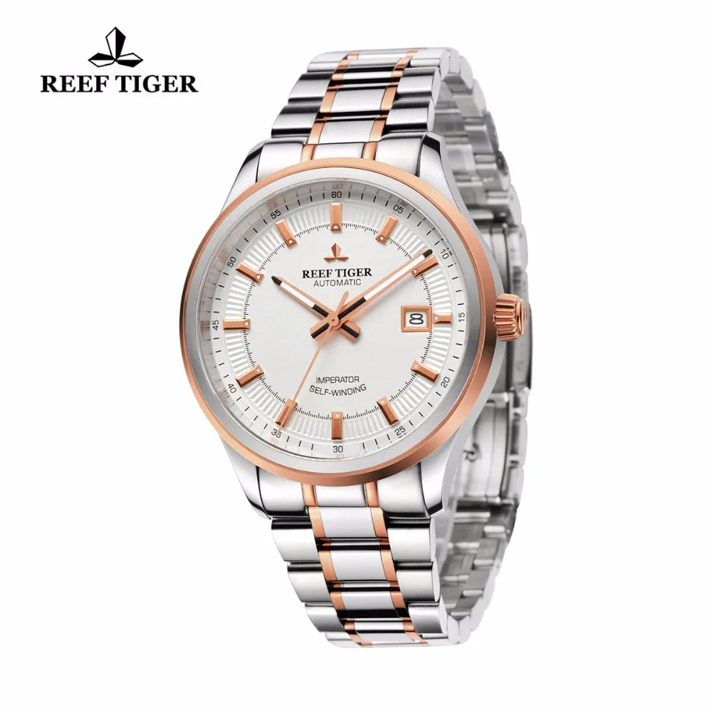 Часы Reef Tiger/RT из стали/розового золота двухцветные деловые часы для мужчин Miyota 9015