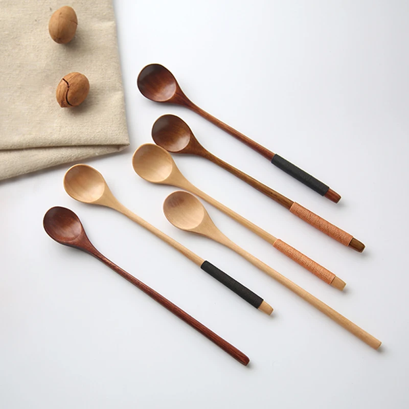 6шт длинная ручка Деревянная кофейная Ложки, японская деревянная чайная ложка, ложка для чая, небольшой деревянный мешалка для кофе, смешающая ложка, ложка мороженого, ложки чайные, аксессуары для чая и кофе
